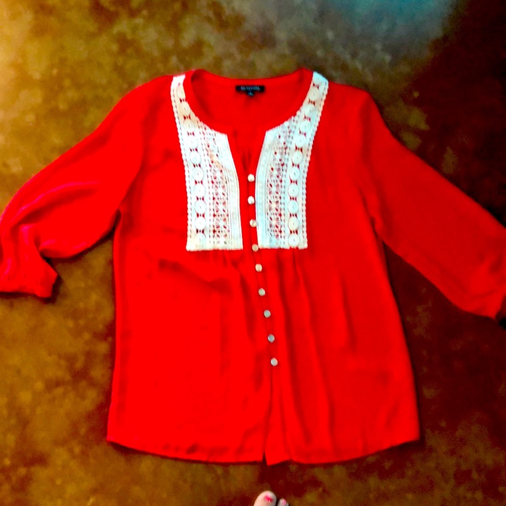 Orange w/lace rayon shirt 3/4 length sleeves